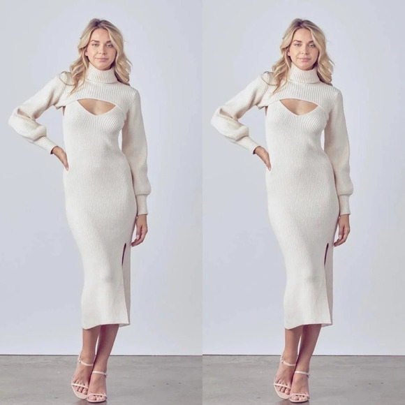 NWT Turtleneck Two-Piece Midi Knit Sweater Dress, Cream, Large - Picture 1 of 2